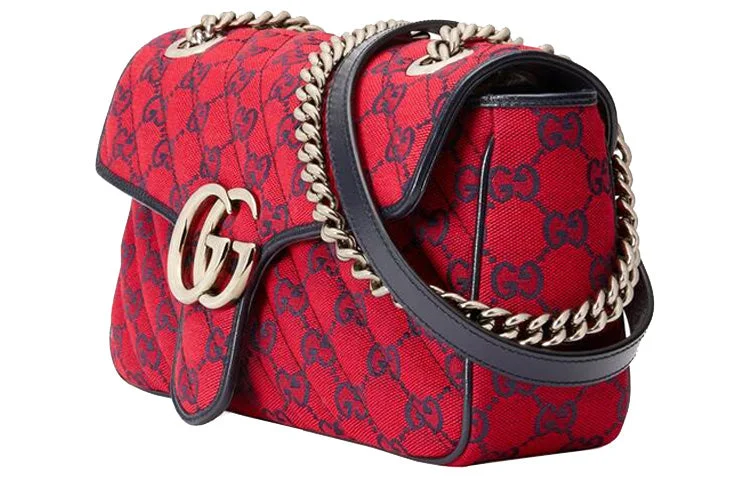 Gucci backpacks for women with a multi - pocket design(WMNS) GUCCI GG Marmont Silver Label Logo Pattern Colorblock Leather Canvas Chain Shoulder Messenger Bag Small Red / Navy Blue Valentine's Day Limited 443497-2UZCV-6477