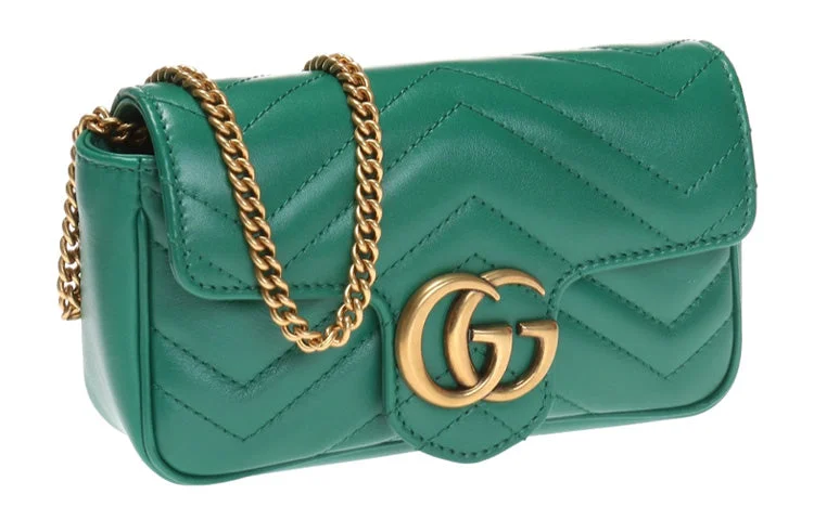 Gucci handbags for women with a metal - framed clasp(WMNS) GUCCI Leather GG Marmont Logo Quilting Chain Single-Shoulder Bag Super Mini Green 476433-DSVRT-3120