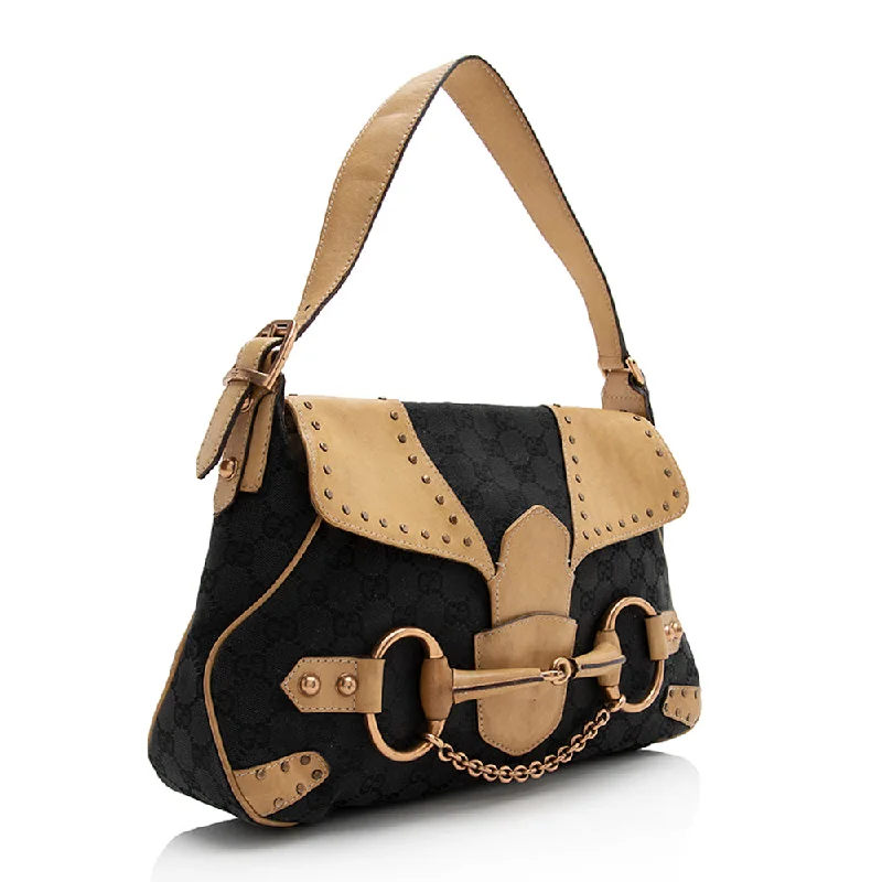 Ladies Gucci handbags with a detachable coin purse insideGucci Canvas Leather Studded Horsebit Shoulder Bag (21925)