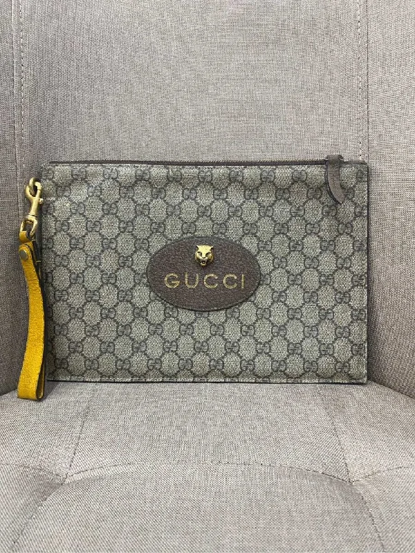 Women Gucci bags with a snap - button closure and a decorative charmGucci Monogram Canvas Clutch Beige Brown 30.5x21cm