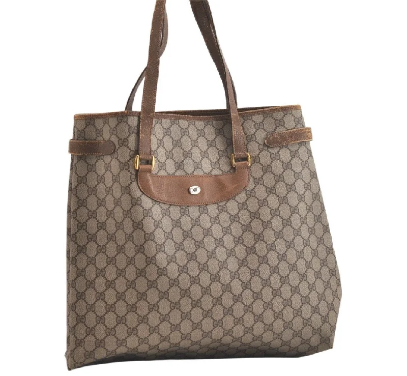 Women Gucci bags with a front - zip pocket for small itemsAuthentic GUCCI Vintage Shoulder Tote Bag GG PVC Leather Brown 4913K