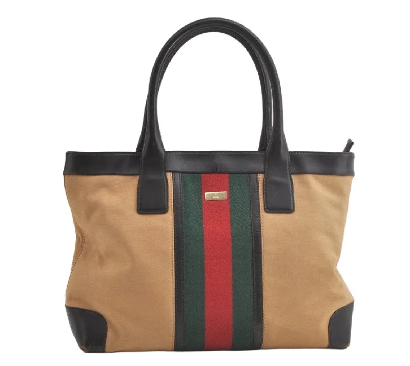 Gucci handbags for women with a back - zip pocketAuthentic GUCCI Web Sherry Line Tote Bag Canvas Leather 0021119 Beige 5083K