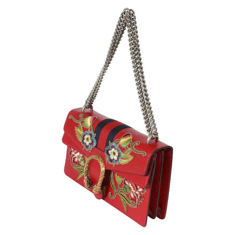 Gucci tote bags for women with a printed Gucci logoGucci Red Leather Floral Embroidered Small Dionysus