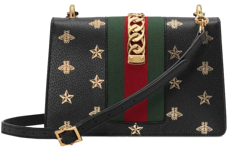 Women Gucci Sylvie bags with a crystal - embellished web stripe(WMNS) GUCCI Sylvie Gold buckle Bee Pattern Stripe Webbing Bow handbag Small Black Classic 524405-DJ2RG-8571