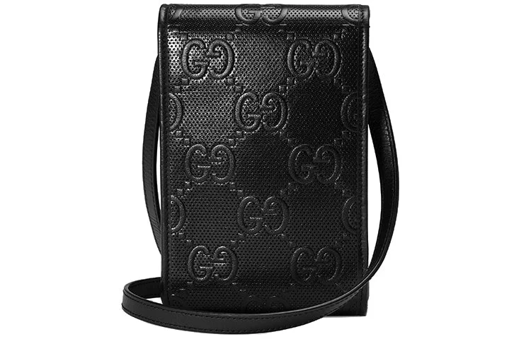 Women Gucci bags with a zip - around closure for security(WMNS) GUCCI Logo Embossing Leather Shoulder Messenger Bag Mini Unisex / Black 625571-1W3AN-1000