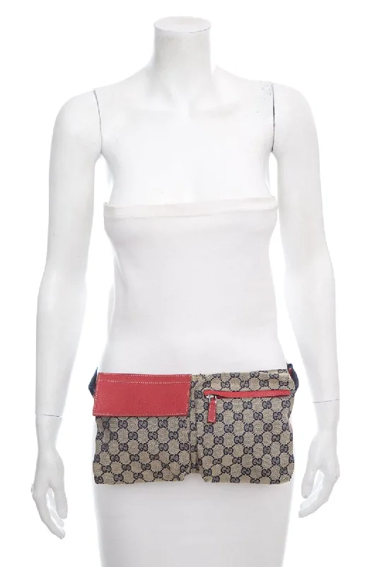 Women Gucci bags with interlocking G hardware for a classic lookGucci Beige & Blue Monogram Belt Bag