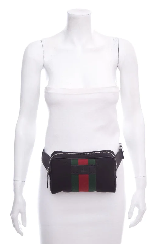 Women Gucci bags with a detachable mirror insideGucci Web Zip Around Black Belt Bag