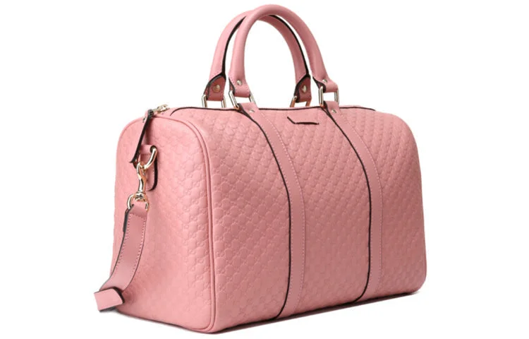 Women Gucci bags with a snap - button closure and a decorative charm(WMNS) GUCCI Logo Embossing Cowhide Large Capacity Boston handbag Pink 449646-BMJ1G-5806