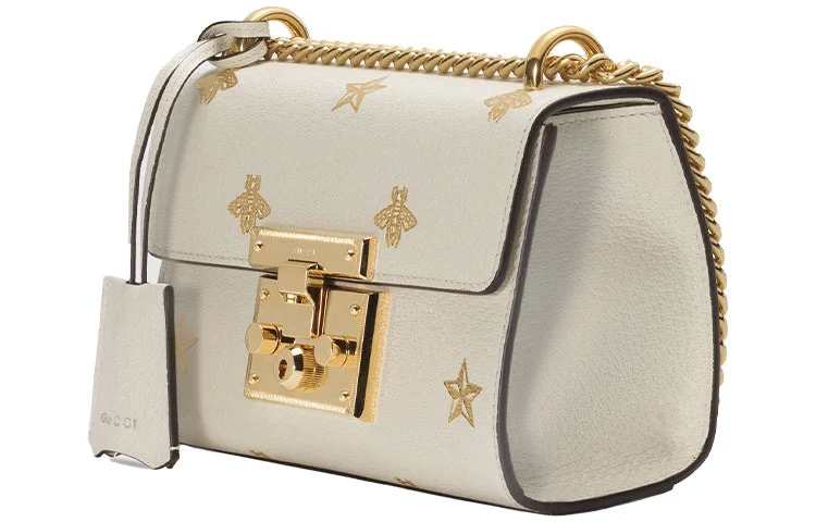 Women Gucci bags with a front - flap pocket for quick - access items(WMNS) GUCCI Padlock Bee Star Small-Sized Single-Shoulder Bag White 432182-DJ2LG-8711