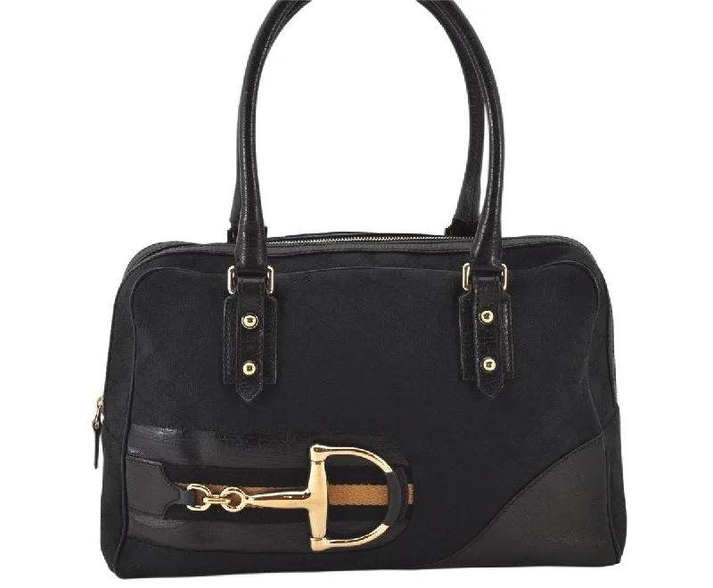 Gucci handbags for women with a back - zip pocketAuth GUCCI Hasler Horsebit Hand Boston Bag GG Canvas Leather 141503 Black 4796K