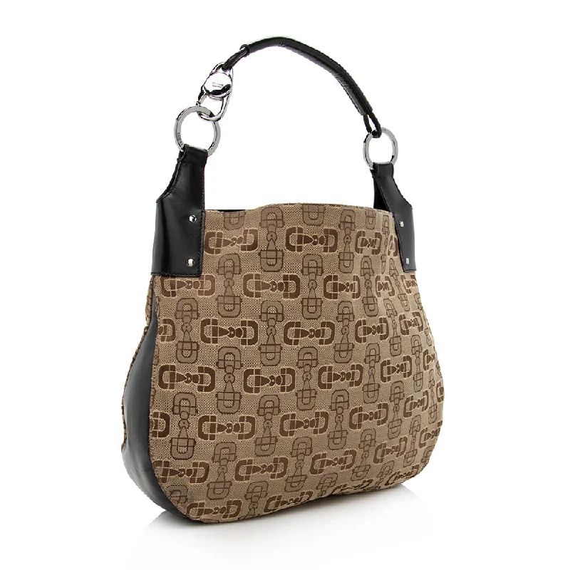 Women Gucci bags with a snap - button closure and a decorative charmGucci Canvas Horsebit Hobo (SHF-15066)