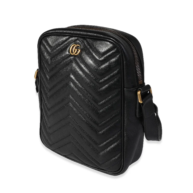 Women Gucci Sylvie bags with a leather - wrapped handleGucci Black Matelassé Leather Marmont Messenger Bag