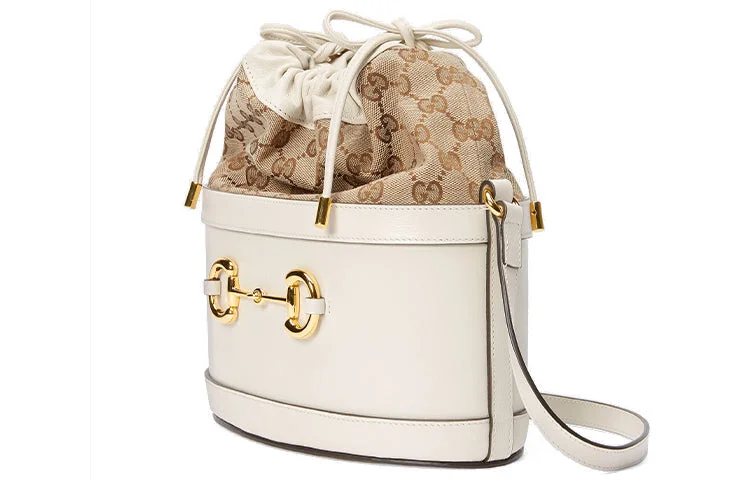 Women Gucci bags with interlocking G hardware for a classic look(WMNS) GUCCI Horsebit 1955 Retro Gold buckle Logo Canvas Drawstring Shoulder Messenger Bag White 602118-1DBUG-9095