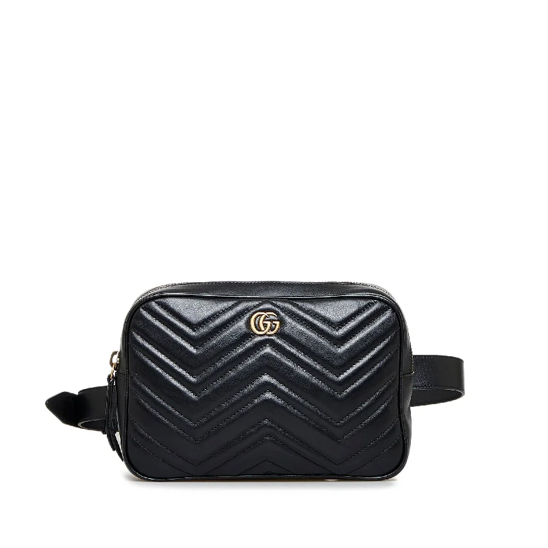 Ladies Gucci shoulder bags with a tassel decorationGucci GG Marmont Square Belt Bag Black Matelassé