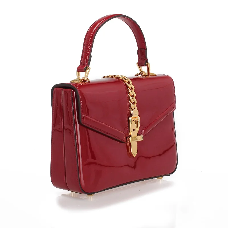 Women Gucci bags with a detachable mirror insideGucci Sylvie 1969 Patent Leather Satchel (SHG-24887)