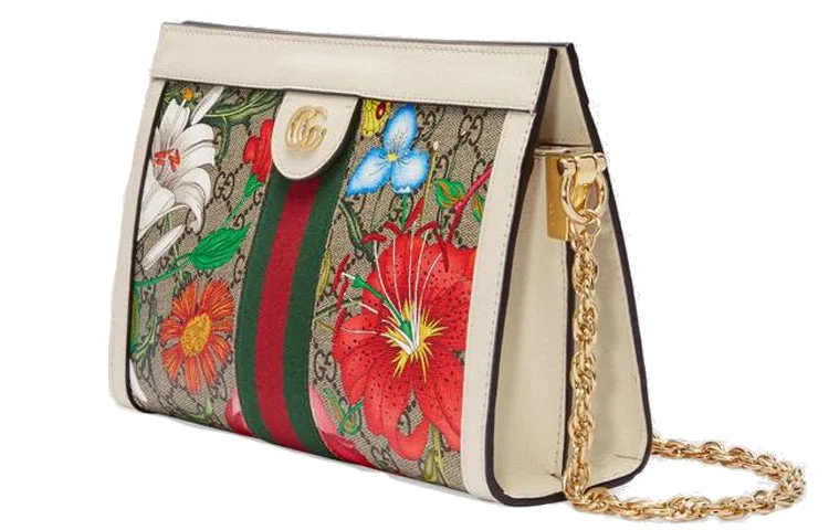 Women Gucci bags with a detachable mobile phone holder(WMNS) GUCCI Ophidia Flowers Printing Logo Stripe Webbing Canvas Chain Shoulder Messenger Bag Small / White / Multi-Color 503877-HV8AC-9759