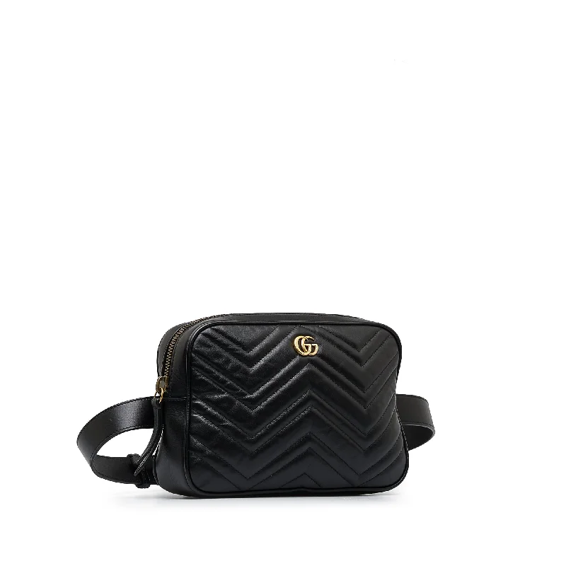 Women Gucci bags with interlocking G hardware for a classic lookGucci GG Marmont Square Belt Bag Black Matelassé