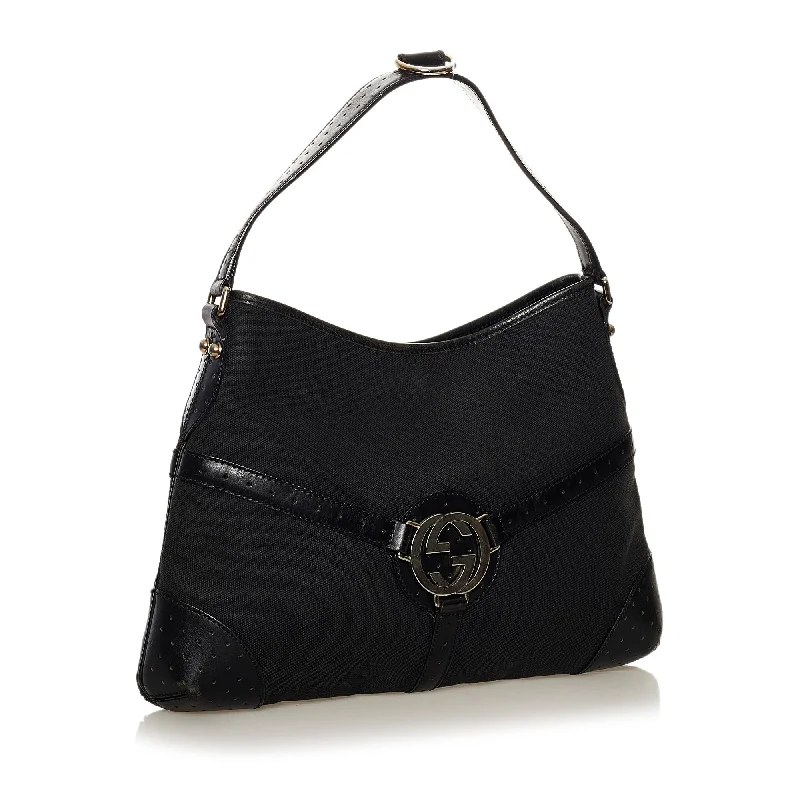 Women Gucci bags with a front - zip pocket for small itemsGucci Canvas Reins Shoulder Bag (33126)