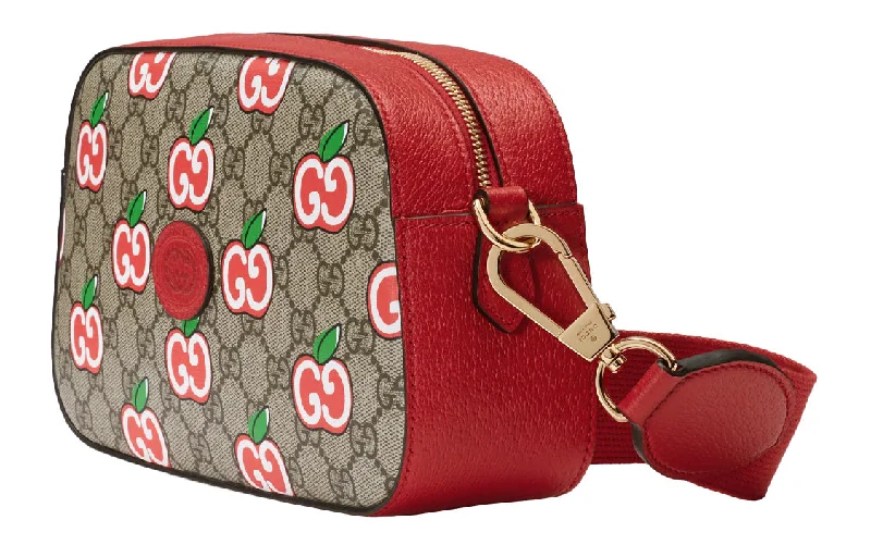 Gucci Marmont bags for women with a contrast - colored interior(WMNS) GUCCI Logo Apple Pattern Leather Logo Canvas Camera Bag Shoulder Messenger Bag Small Ebony / Red Valentine's Day Limited 574886-2EVDG-8646