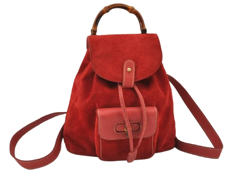 Women Gucci bags with a front - flap pocket for quick - access itemsAuthentic GUCCI Bamboo Backpack Purse Suede Leather Red 4992K