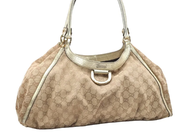 Women Gucci bags with a snap - button closure and a decorative charmAuthentic GUCCI Abbey Shoulder Tote Bag GG Canvas Leather 189835 Beige 5081K