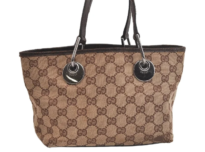 Ladies Gucci shoulder bags with a wide - width strapAuthentic GUCCI Eclipse Tote Hand Bag GG Canvas Leather 120844 Brown 4732K