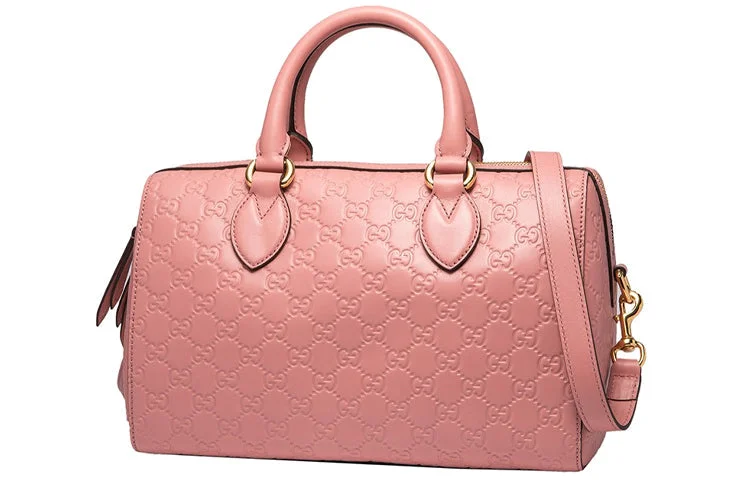 Gucci tote bags for women with a printed Gucci logo(WMNS) GUCCI Logo Embossing Leather Boston handbag Pink Classic 453573-DMT1G-5812