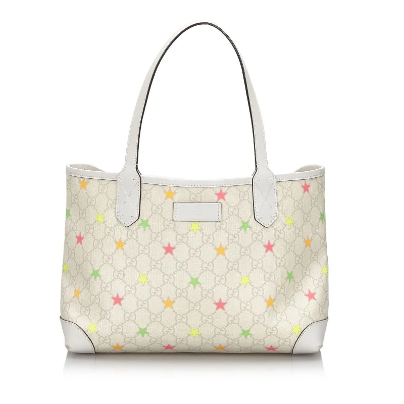 Gucci tote bags for women with a printed Gucci logoGucci White Ivory Coated Canvas Fabric GG Supreme Star Tote Bag Italy