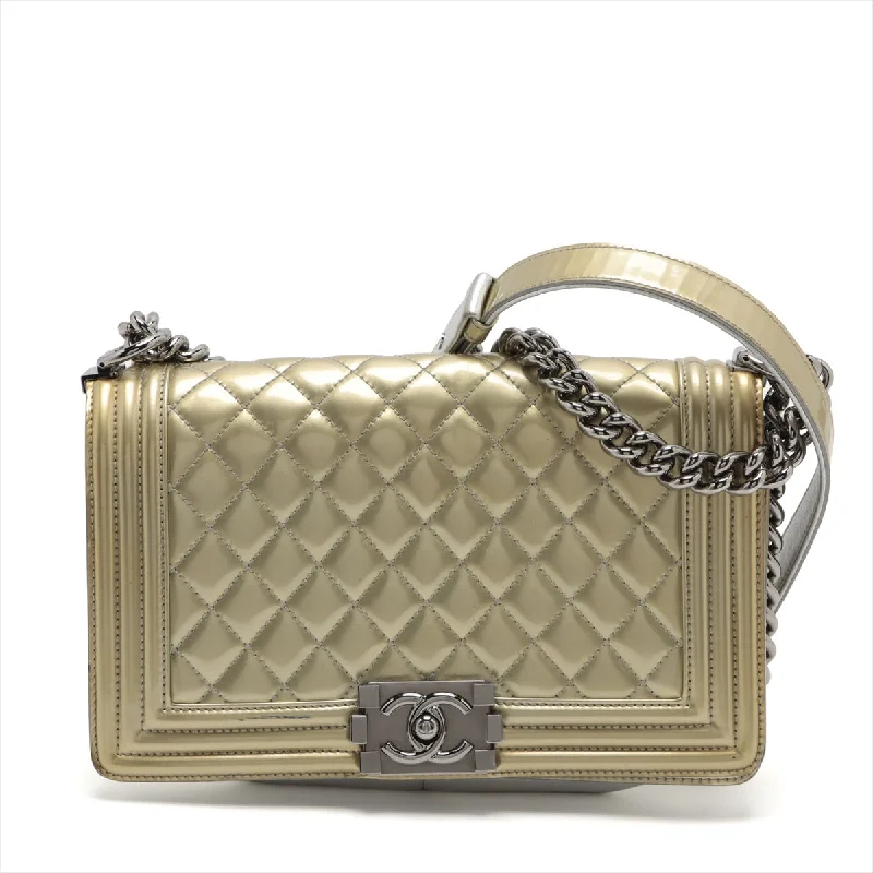 Chanel bags with iconic gold chainsChanel Boy Chanel 25 Patent Leather Chain Shoulder Bag G x Silver Silver  17 A67086