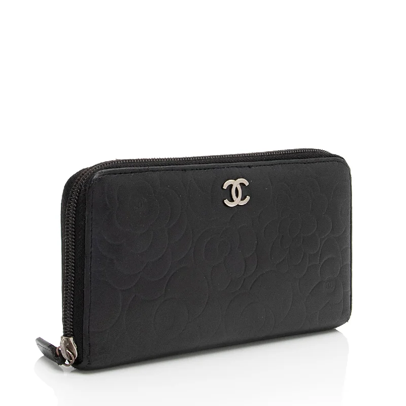 Chanel bags with gold, silver, and pearl accentsChanel Lambskin Camellia Zip Around Wallet (fpP10f)