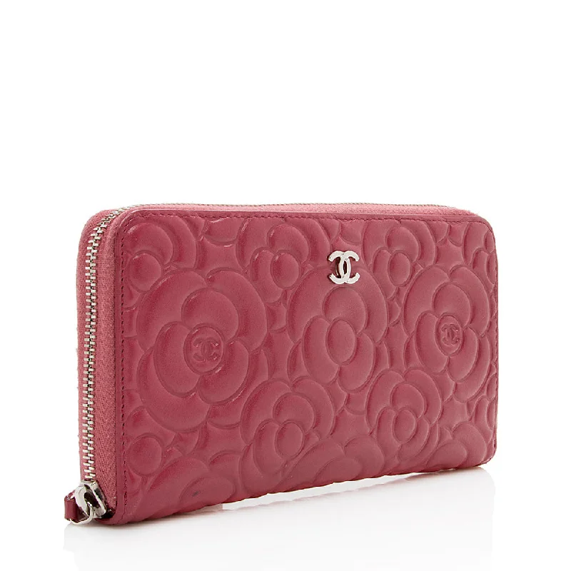 Chanel bags with exclusive seasonal designs and materialsChanel Lambskin Camellia Zip Wallet (15991)