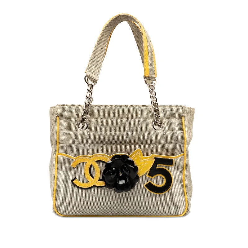 Chanel Limited Edition Handbag for CollectorsChanel None.5 Chocolate Bar Camellia Chain Handbag A31573 Yellow Gr Canvas Emmeline  CHANEL