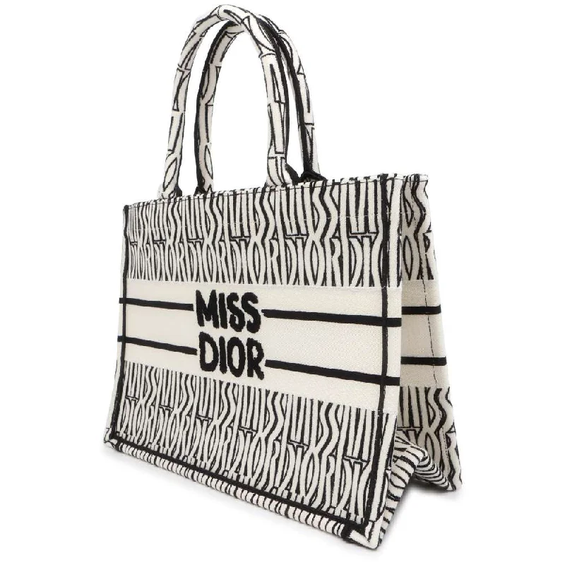 Contemporary Christian Dior handbags with a unique shapeDior Miss Dior Allover Embroidery Book Tote White/Black M1296ZEZE_M041 Canvas Size Medium