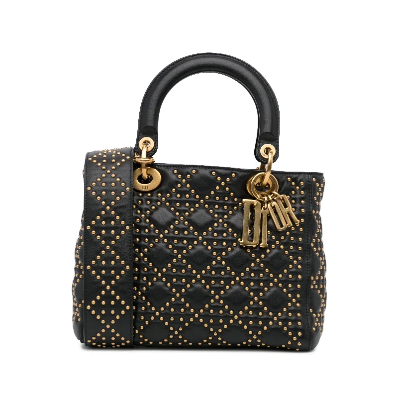 Christian Dior handbags with a back - pocket for quick storageDior Lady Dior Medium Black Supple Studded Cannage Quilted Leather Gold