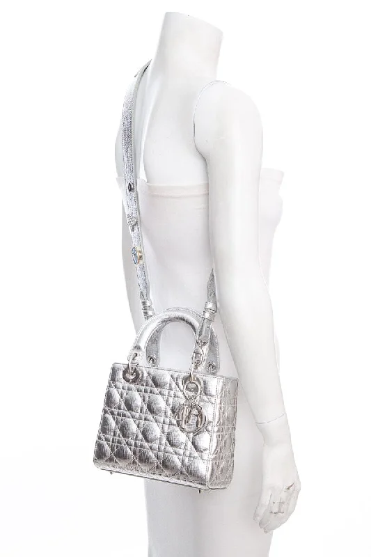 Christian Dior handbags with a snap - button closure and a decorative buckleDior Lady Dior Metallic Silver Grained Cannage with Lucky Badges HandBag