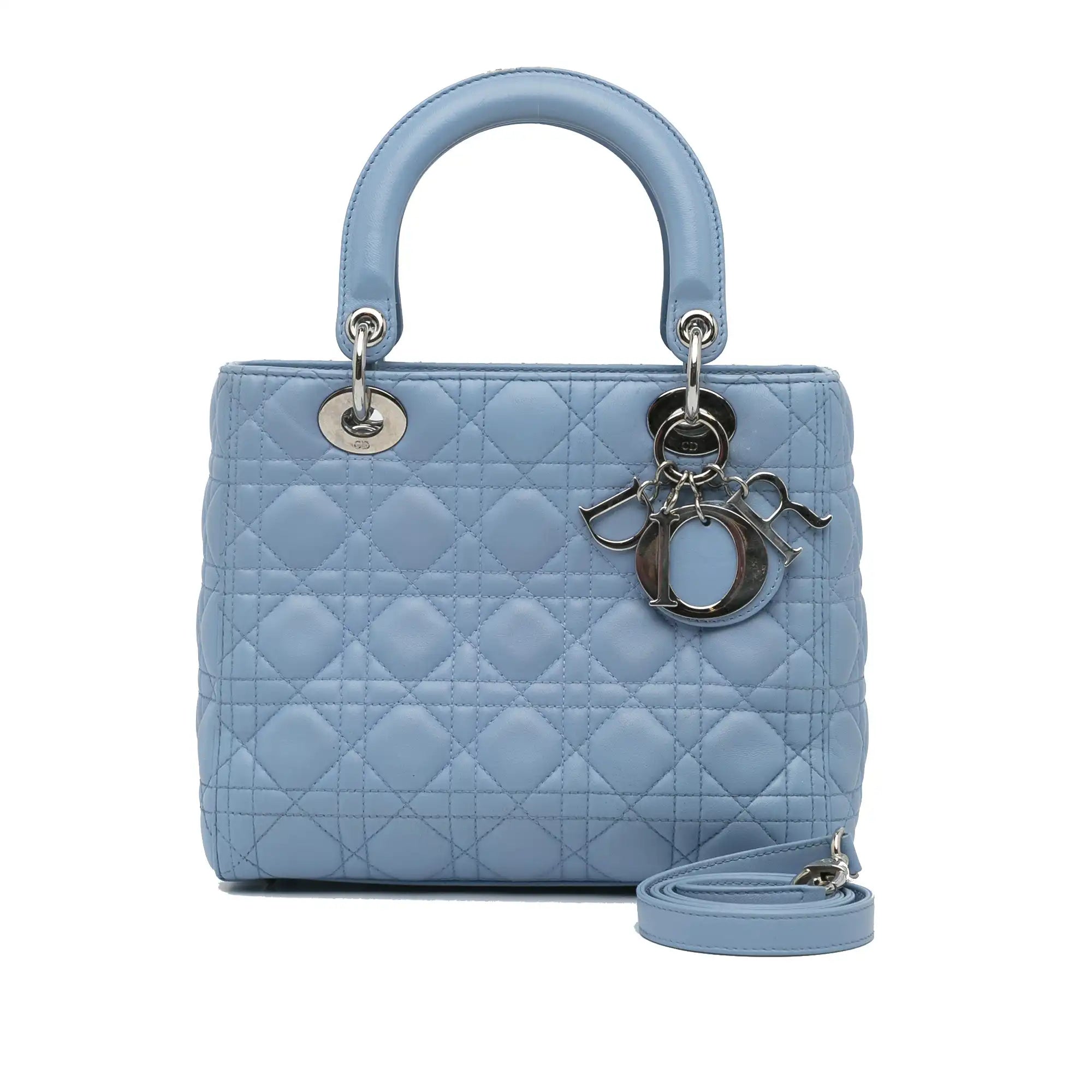 Christian Dior Saddle bags with a studded trim for a bold lookDior Lady Dior Small Light Blue Cannage Lambskin Silver