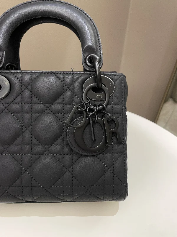 Christian Dior bags with a side - pocket for holding a water bottleDior Lady Dior Mini Black Lambskin