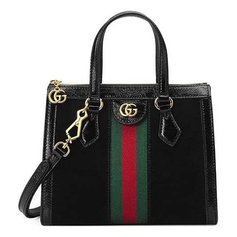 Women Gucci crossbody bags in a bold red color(WMNS) GUCCI Ophidia Gold Label Logo Stripe Webbing Suede Patent Leather Tote Small Black Handbag 547551-D6ZYB-1060